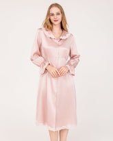 Robe de Nuit en Soie 22 Momme à Manches Longues avec Volants en Dentelle